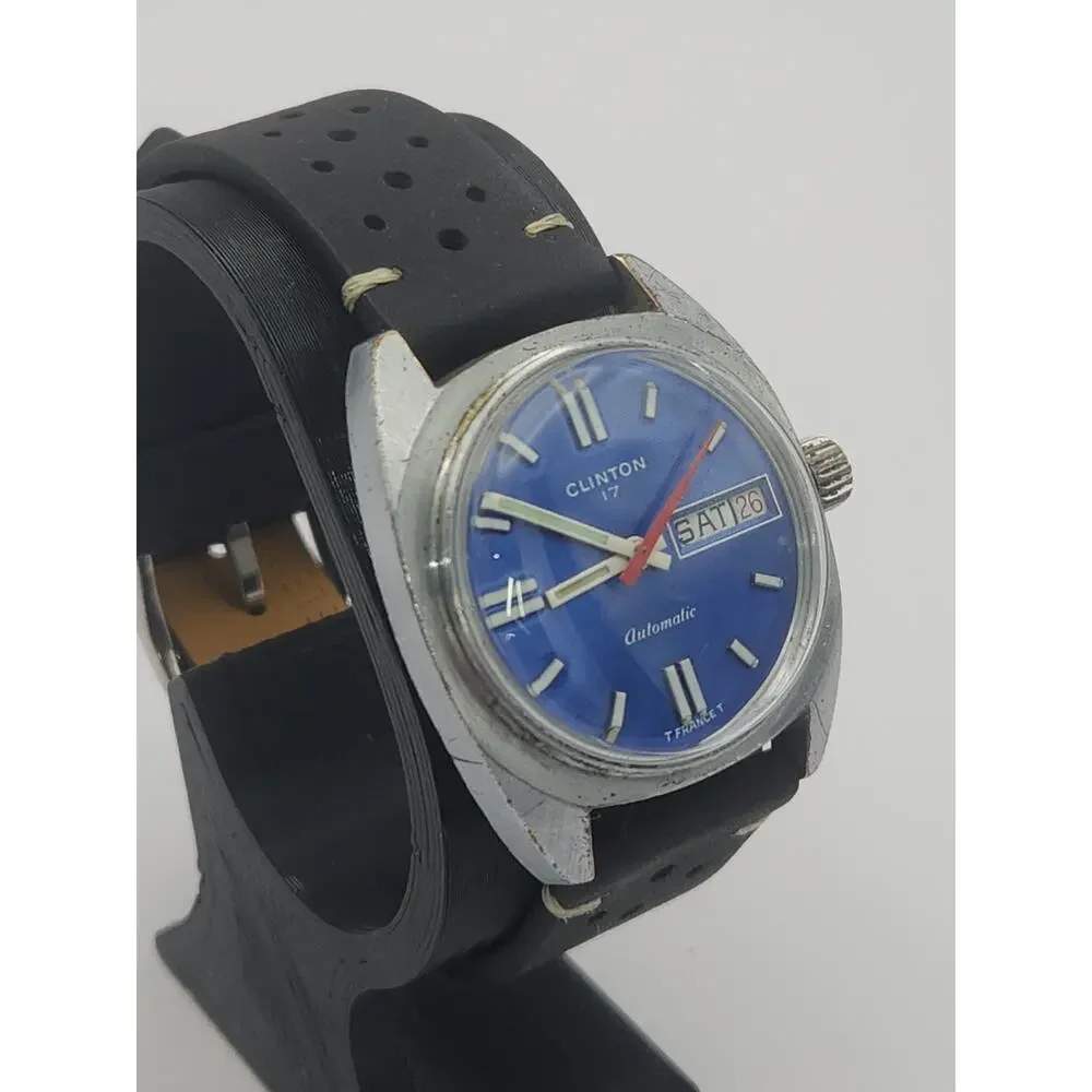 Clinton Watch Men Automatic Vintage 17 Jewels WR Day Date Blue, New Band
